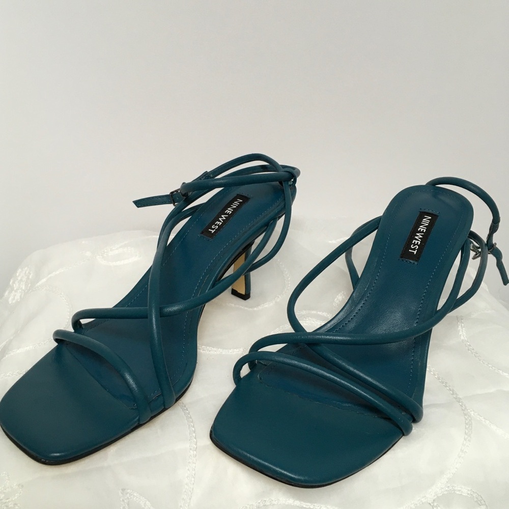 Nine West Nolan Teal Genuine Leather Strappy Square-Toe Heel Sandals